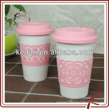 pink ceramic single wall mug with lid